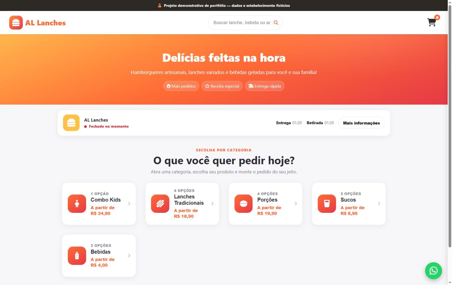 Tela inicial do cardápio digital demonstrativo AL Lanches